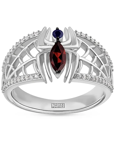 Marvel Wonder Fine Jewelry Garnet (1/4ct. t.w.) Sapphire (1/20 ct. t.w.) & Diamond (1/6 ct. t.w.) Spiderman Ring in Sterling Silver