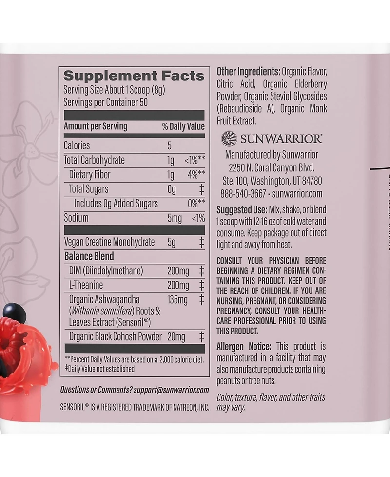 Sunwarrior Active Creatine for Her, Monohydrate Powder Micronized PreWorkout Recovery Supplement for Women, Sunwarrior, Raspberry Lemonade Flavor, 50