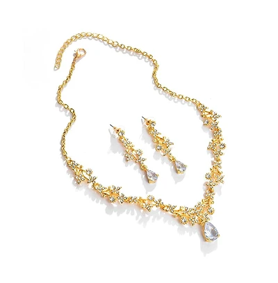 Sohi Women's Gold Intricate Stone Teardrop Necklace And Earrings (Set Of 2)