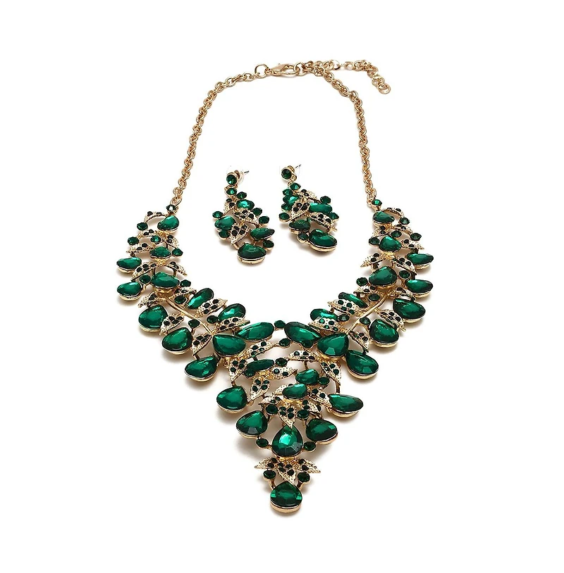 Sohi Women's Green Maxi Stone Necklace And Earrings (Set Of 2)