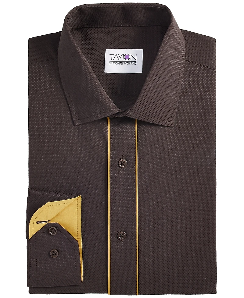 Tayion Collection Men's Brown & Gold Slim Fit Dress Shirt