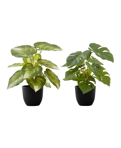 Monarch Specialties 13" Indoor Artificial Monstera Calthea Plants with Decorative Black Pots, Set Of 2