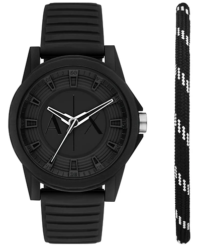 A|X Armani Exchange Men's Three Hand Black Silicone Watch 44mm Set