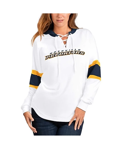 Women's G-iii 4Her by Carl Banks White, Navy Nashville Predators Goal Zone Long Sleeve Lace-Up Hoodie T-shirt
