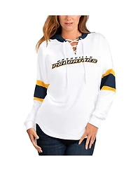 Women's G-iii 4Her by Carl Banks White, Navy Nashville Predators Goal Zone Long Sleeve Lace-Up Hoodie T-shirt