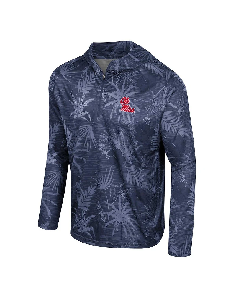 Men's Colosseum Navy Ole Miss Rebels Palms Printed Lightweight Quarter-Zip Hooded Top