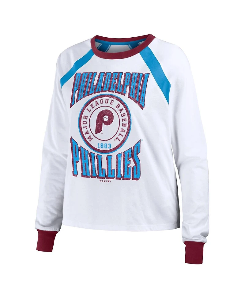 Women's Wear by Erin Andrews White Distressed Philadelphia Phillies Raglan Long Sleeve T-shirt