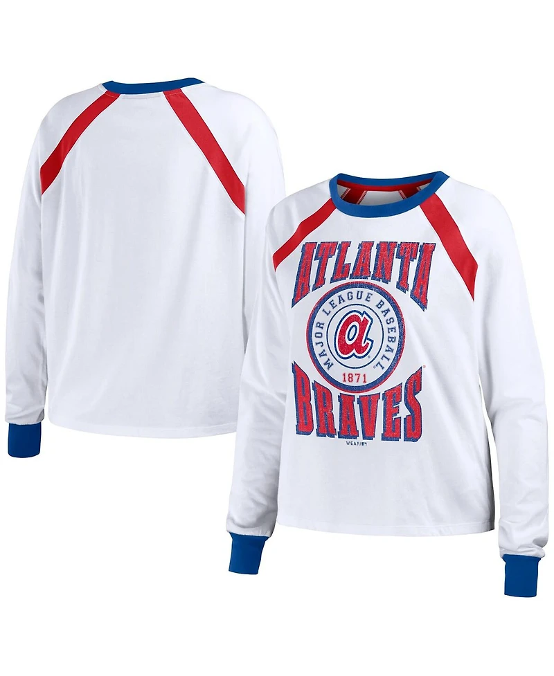 Women's Wear by Erin Andrews White Distressed Atlanta Braves Raglan Long Sleeve T-shirt