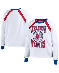 Women's Wear by Erin Andrews White Distressed Atlanta Braves Raglan Long Sleeve T-shirt
