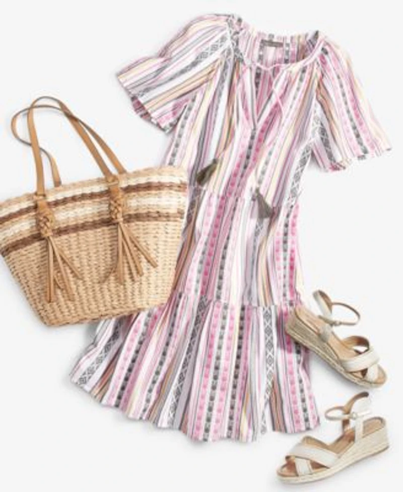 Style Co Womens Stripe Split Neck Tiered Dress Espadrille Wedge Sandals Straw Tote Created For Macys