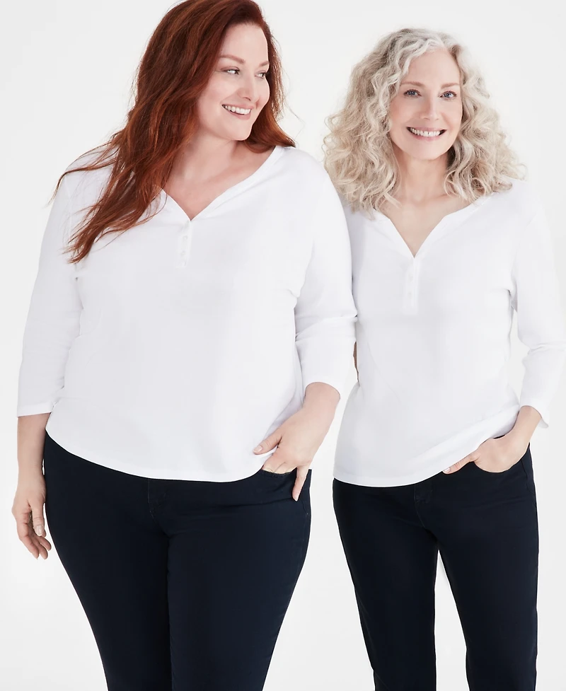 Style & Co Women's Cotton 3/4-Sleeve Henley Tee, Created for Macy's
