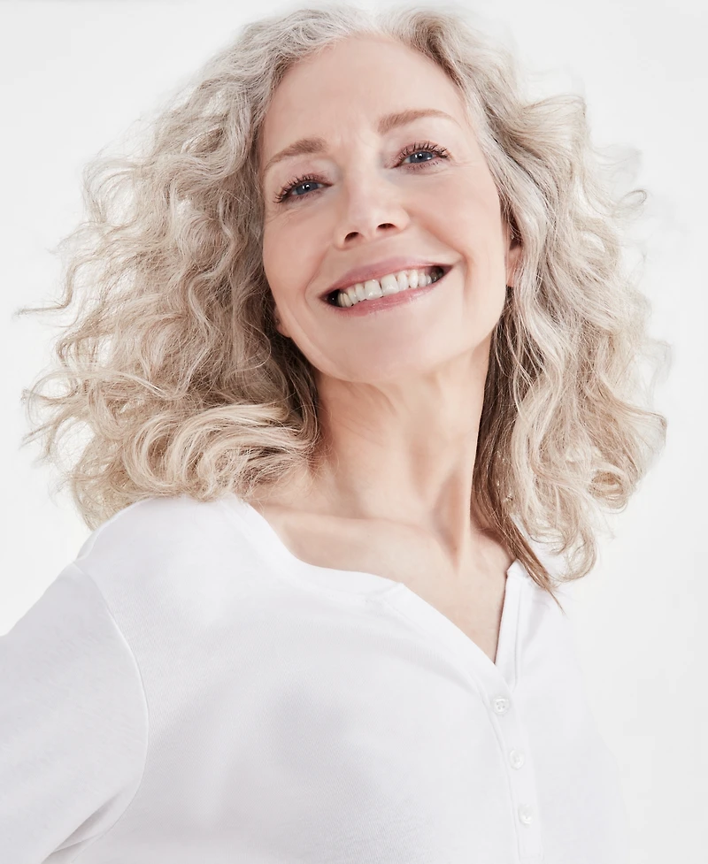 Style & Co Women's Cotton 3/4-Sleeve Henley Tee, Created for Macy's