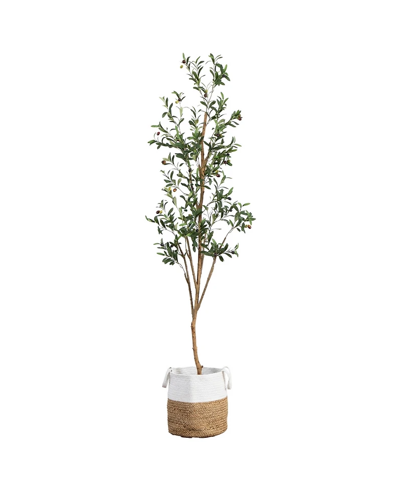 Nearly Natural 7ft. Artificial Olive Tree with Natural Trunk and Handmade Jute Basket