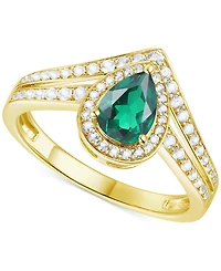 Lab-Grown Emerald (1/2 ct. t.w.) & White Sapphire (1/10 Pear Halo V Ring 14k Gold-Plated Sterling Silver (Also Additional Ge