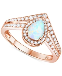 Lab-Grown Emerald (1/2 ct. t.w.) & Lab-Grown White Sapphire (1/10 ct. t.w.) Pear Halo V Ring in 14k Gold-Plated Sterling Silver (Also in Additional Ge