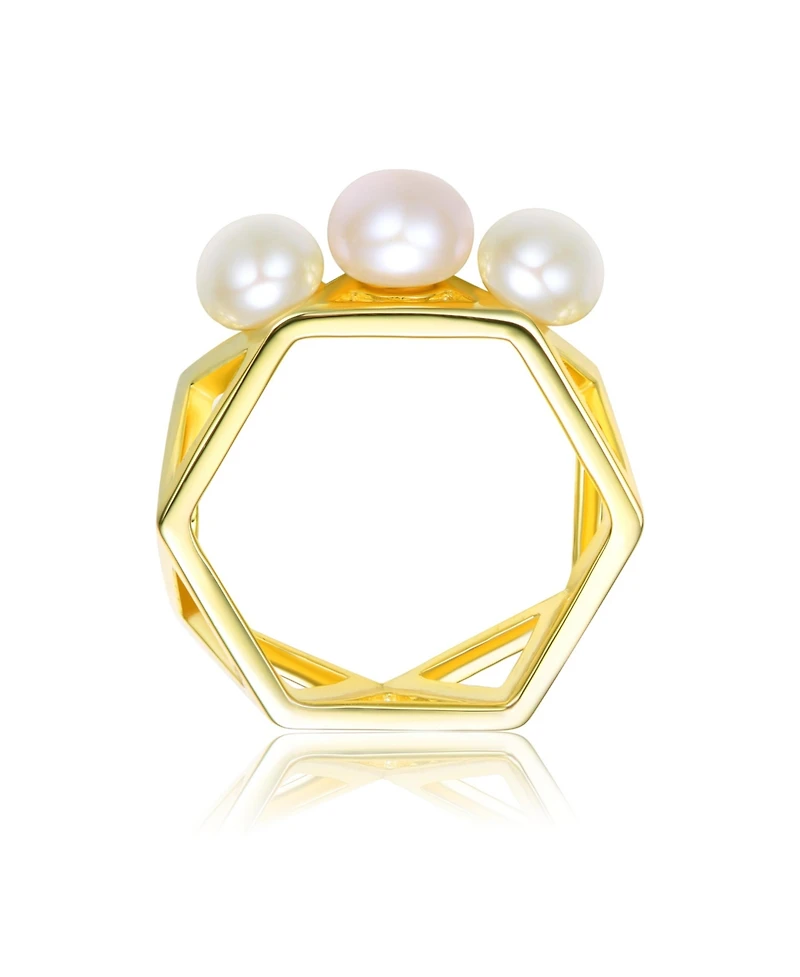 Sterling Silver with 14K Gold Plated 6-6.5MM freshwater Pearls Adjacent Triangles Design Geometric Ring