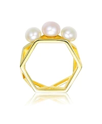 Sterling Silver with 14K Gold Plated 6-6.5MM freshwater Pearls Adjacent Triangles Design Geometric Ring