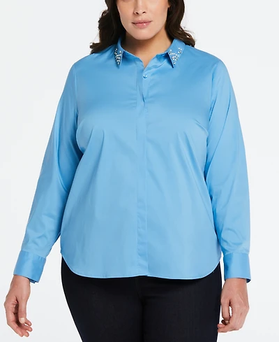 Ella Rafaella Plus Ruched Sleeve Embellished Collar Blouse