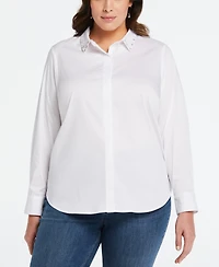 Ella Rafaella Plus Ruched Sleeve Embellished Collar Blouse