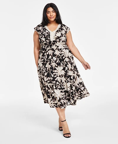 Tahari Plus Size Printed V-Neck Fit & Flare Dress