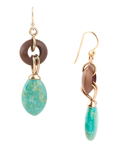 Barse Precious Genuine Green Turquoise and Wood Golden Bronze Oval Earrings