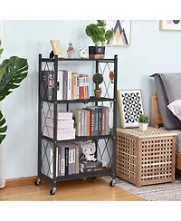 4-Tier Foldable Storage Shelving Unit, Heavy Duty Metal Shelf, Kitchen Shelf with 3 Hooks