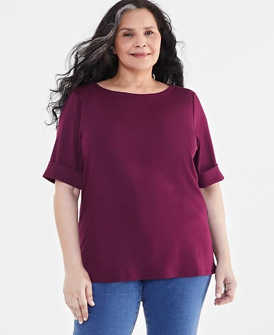 Style & Co Plus Boat-Neck Elbow Sleeve Cotton Top, Exclusively at Macy's