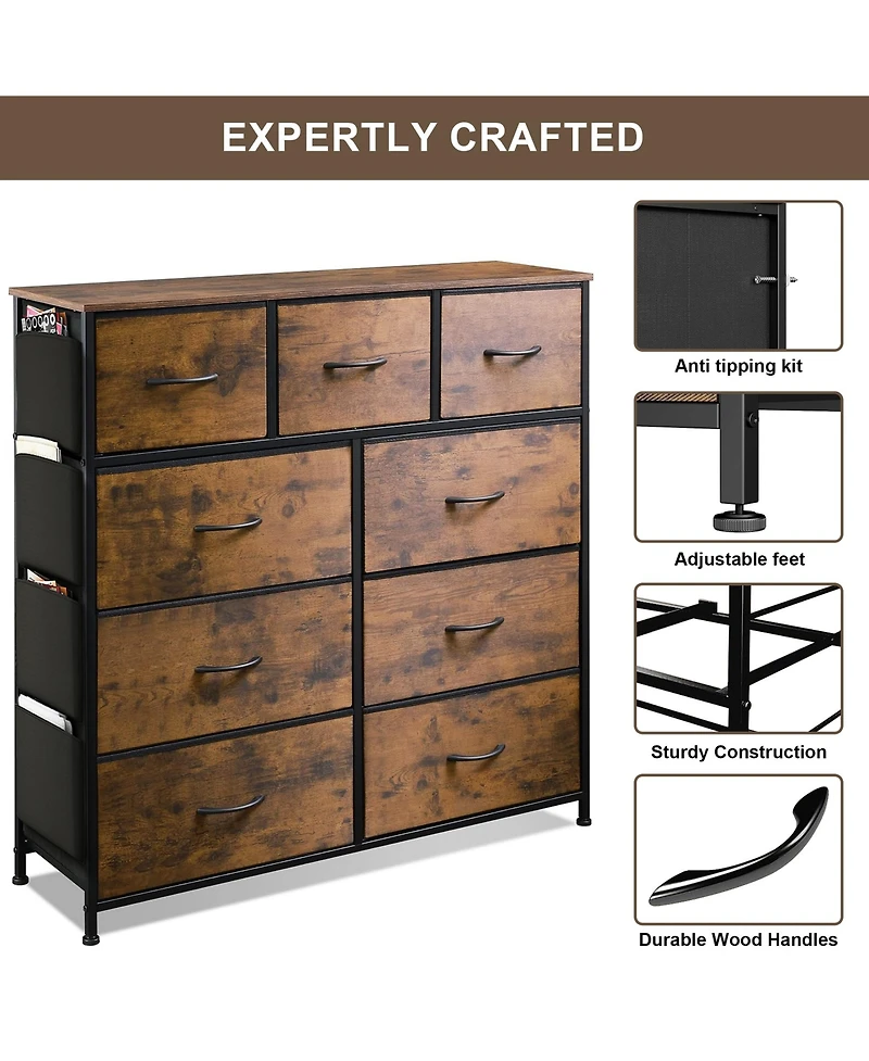 Inolait 9 Drawers Fabric Dresser Chest Closet Storage Organizer with Side Pockets and Hooks for Bedroom