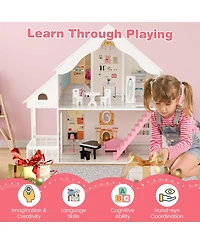 Costway Kids Wooden Dollhouse Semi-Opened Diy Playset with Simulated Rooms & Furniture
