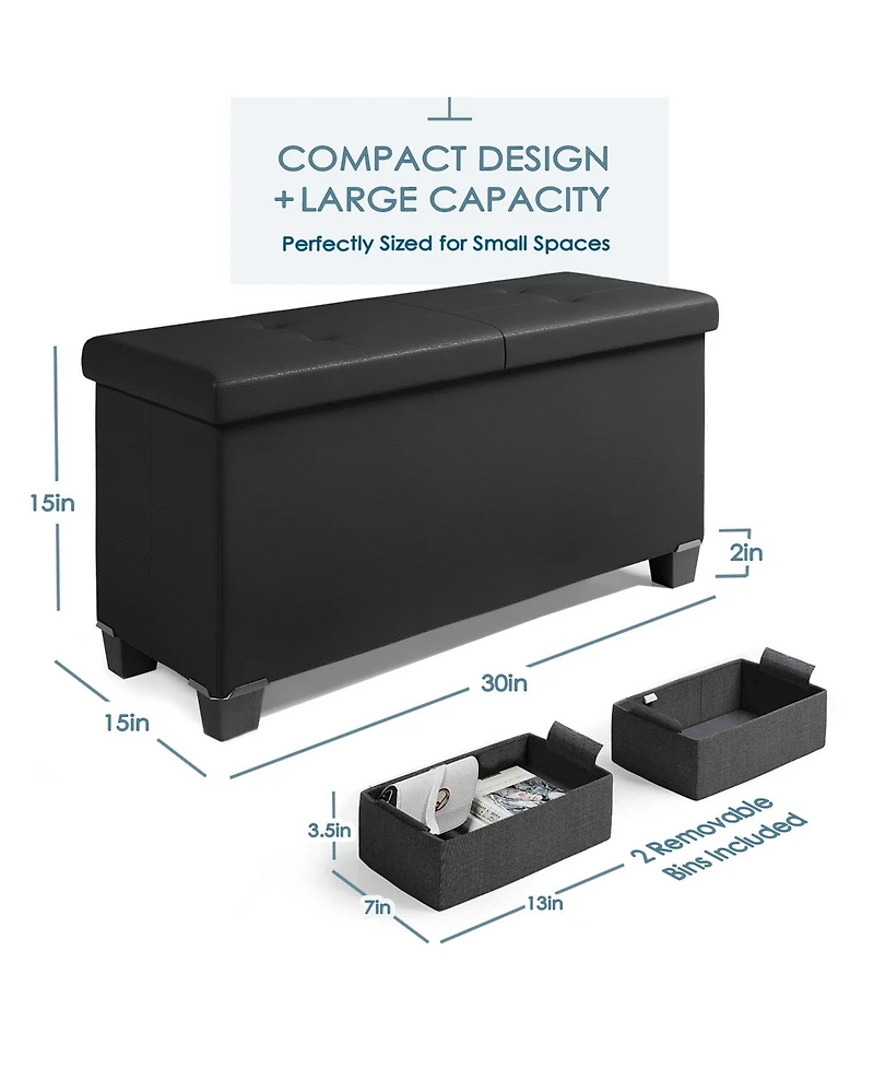 Nestl 30 Inch Ottoman Storage Bench with Bins - Leatherette or Fabric Finish