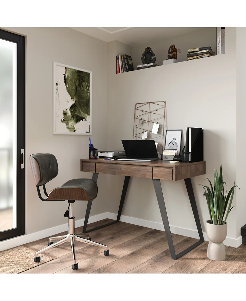 Simpli Home Dax Bentwood Office Chair in Distressed Slate Grey Pu Leather