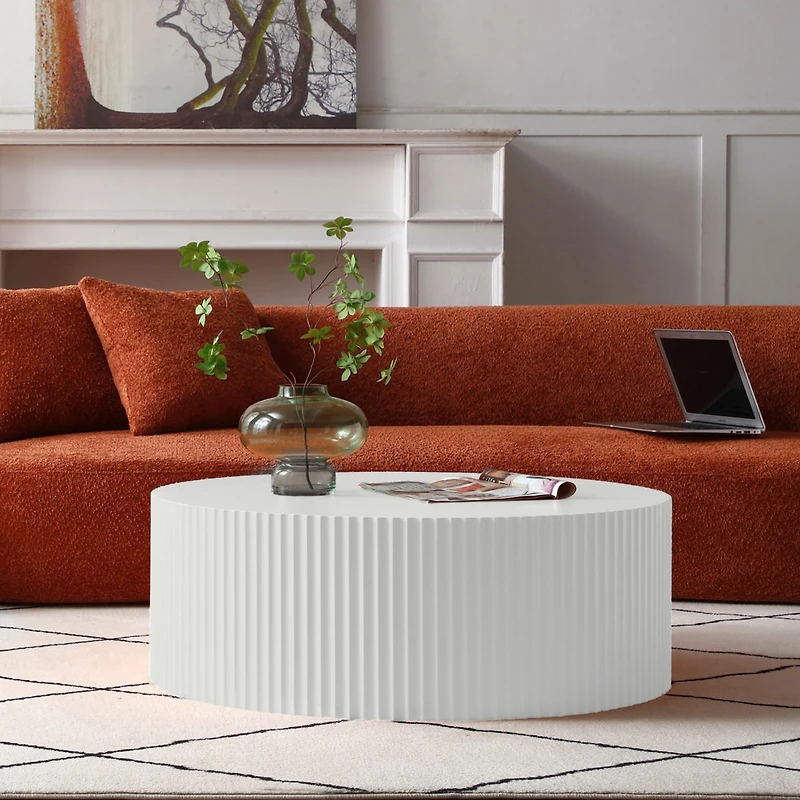 Simplie Fun Contemporary Round Coffee Table with Handcrafted Relief, 35 inch, White