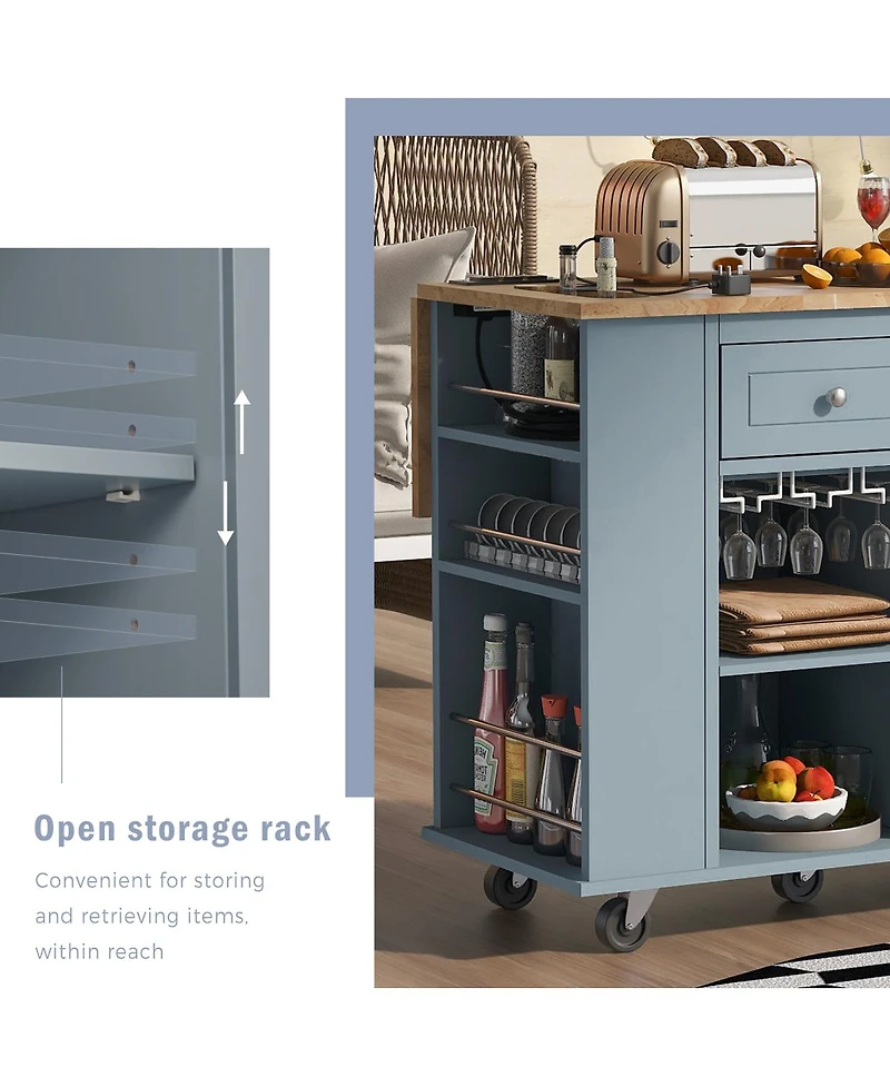 Simplie Fun Rolling Kitchen Island With Power Outlet, Drop Leaf, & Storage