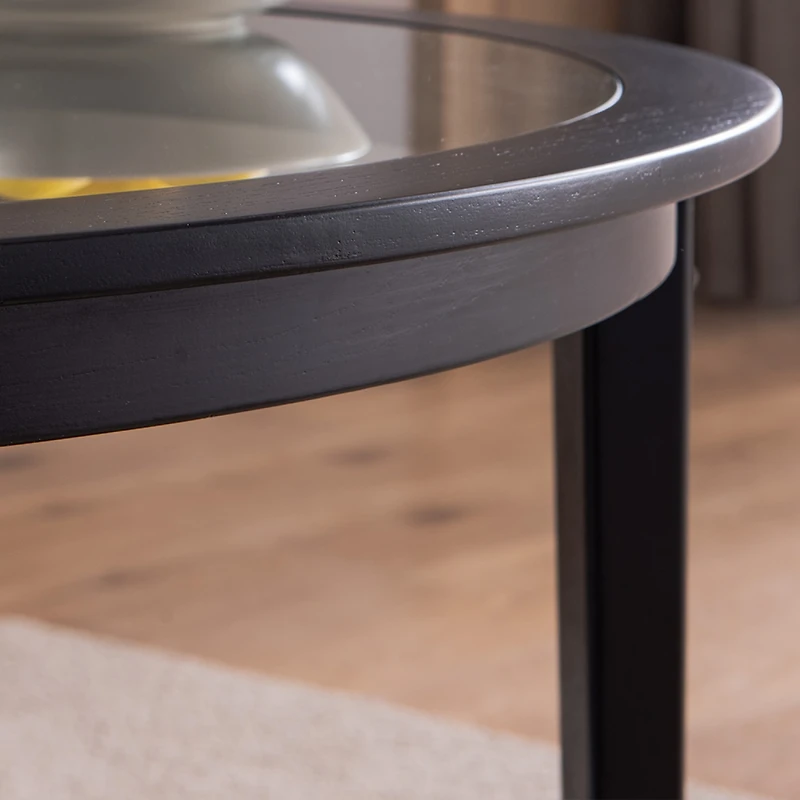 Streamdale Round glass top solid wood storage coffee table, black
