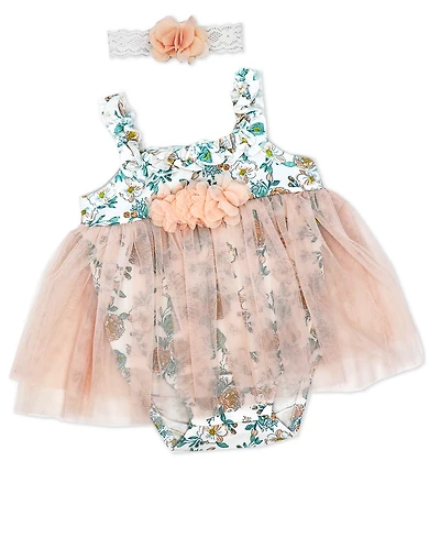 Baby Mode Girls 2 Piece Peach Floral Romper with Tulle Over Skirt and Matching Headband