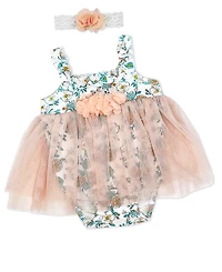 Baby Mode Girls 2 Piece Peach Floral Romper with Tulle Over Skirt and Matching Headband
