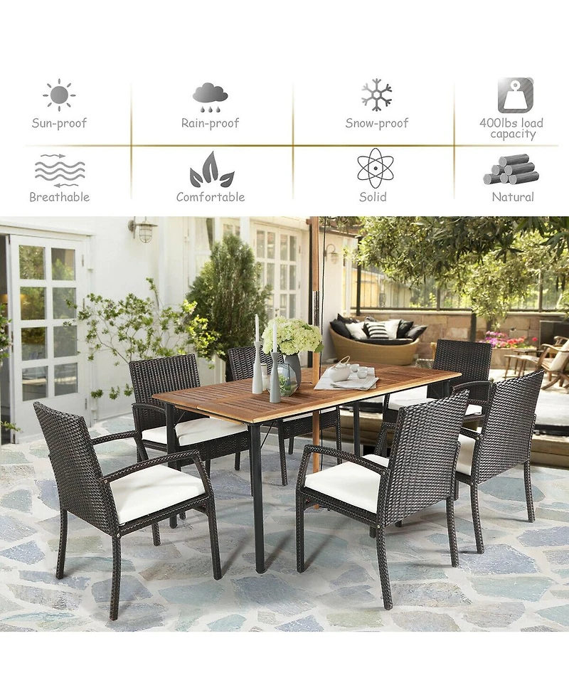 Slickblue 7 pieces Patio Rattan Cushioned Dining Set with Umbrella Hole