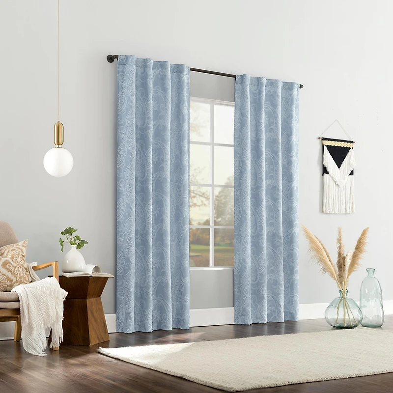 Pedra Paisley Embroidery 100% Blackout Back Tab Curtain Panel
