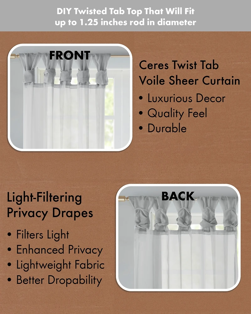 Madison Park Ceres Twist Tab Voile Sheer Window Curtain Pair, 50"W x 95"L, 2 Pack