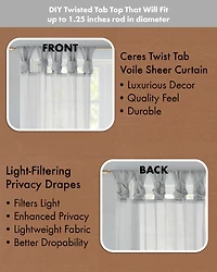 Madison Park Ceres Twist Tab Voile Sheer Window Curtain Pair, 50"W x 95"L, 2 Pack