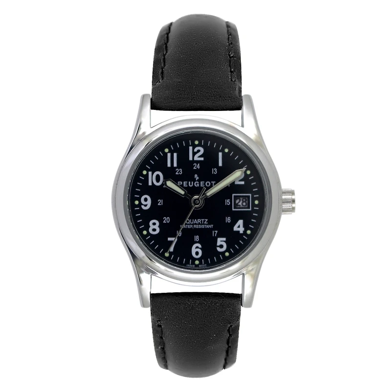 Peugeot Women s Black Nurses Sport Calendar Wrist Watch with Black Leather Strap
