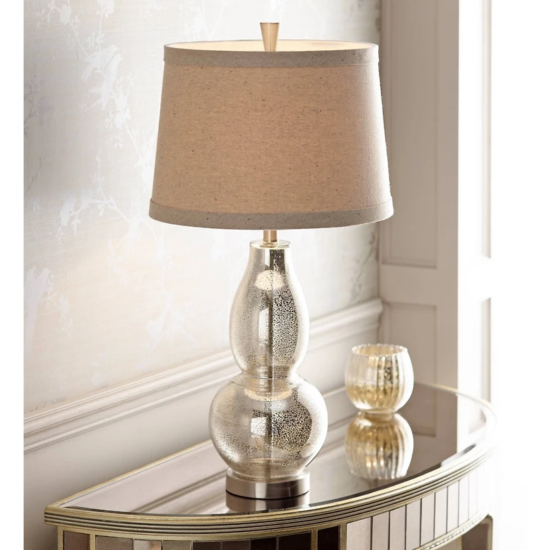 360 Lighting Modern Table Lamp 30.5" Tall Mercury Glass Silver Gourd Natural Linen Drum Shade for Living Room Family Bedroom Nightstand