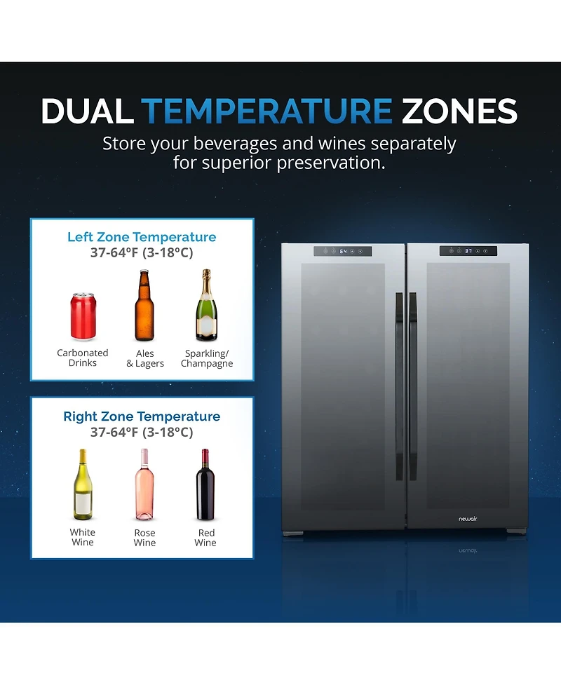 Newair Shadow Series Wine Cooler Refrigerator 18 Bottles & 59 Cans Dual Temperature Zones in Black
