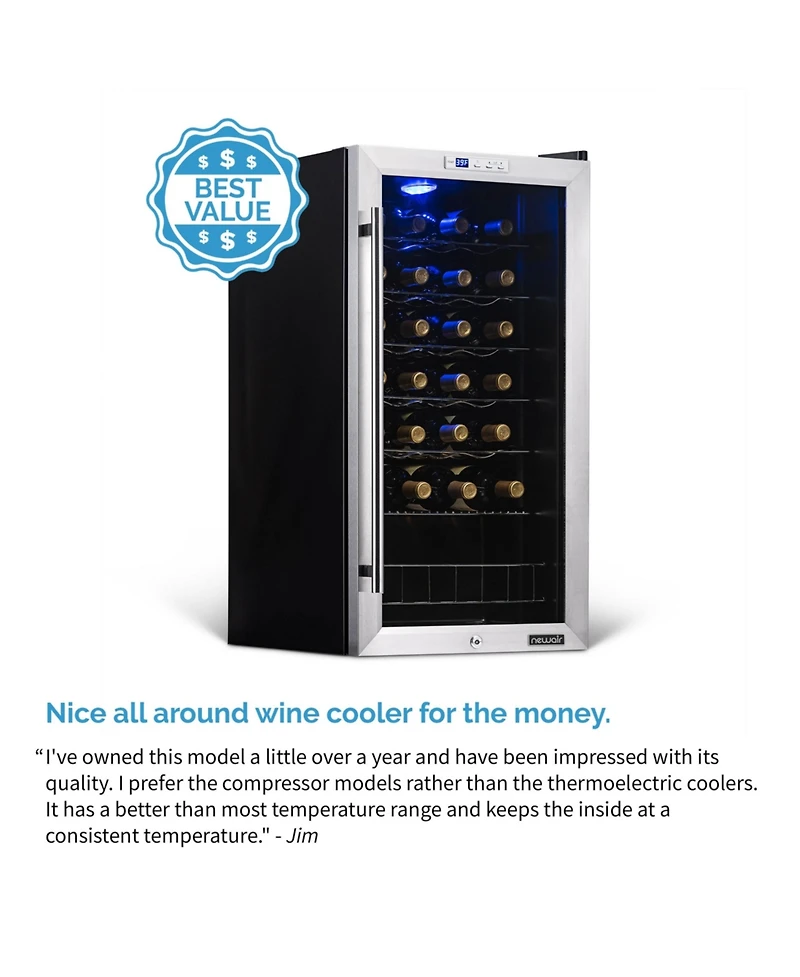 Newair Freestanding 27 Bottle Compressor Wine Fridge in Stainless Steel, Adjustable Chrome Racks and Exterior Digital Thermostat