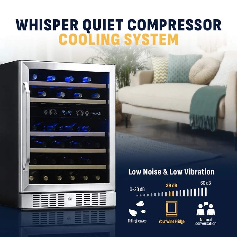 Newair 24 Inch Built-in 46 Bottle Dual Zone Compressor Wine Fridge in Stainless Steel, Quiet Operation with Beechwood Shelves