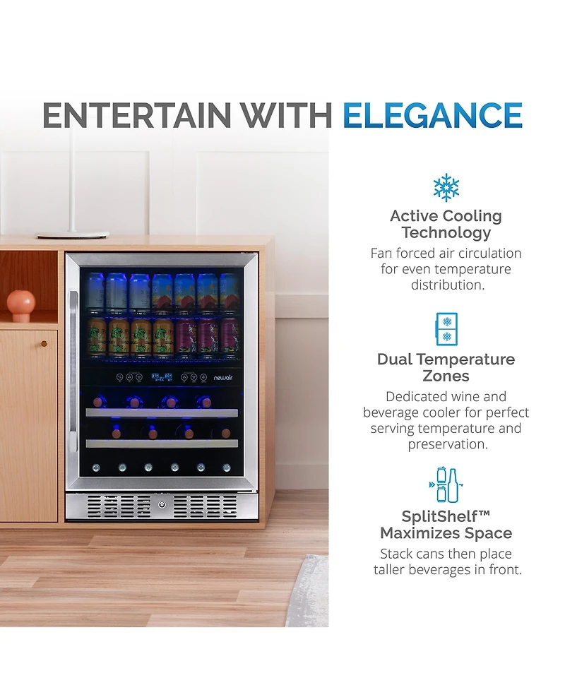 Newair 24" Built-in Dual Zone 20 Bottle and 70 Can Wine and Beverage Fridge in Stainless Steel with Split Shelf and Smooth Rolling Shelves