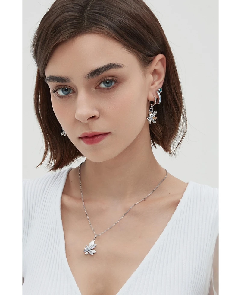 Pave Butterfly Dangle Drop Hoop Earrings