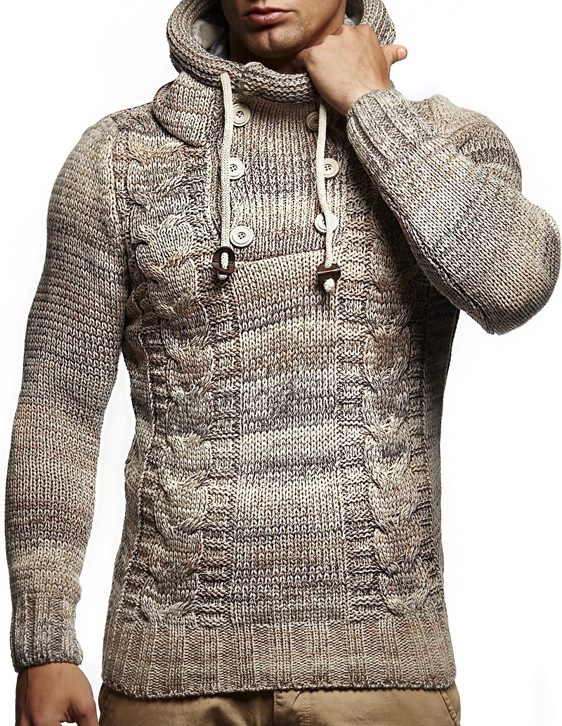 Leif Nelson Men's Knit Hoodie Sweater with Button Accents – Cable Design