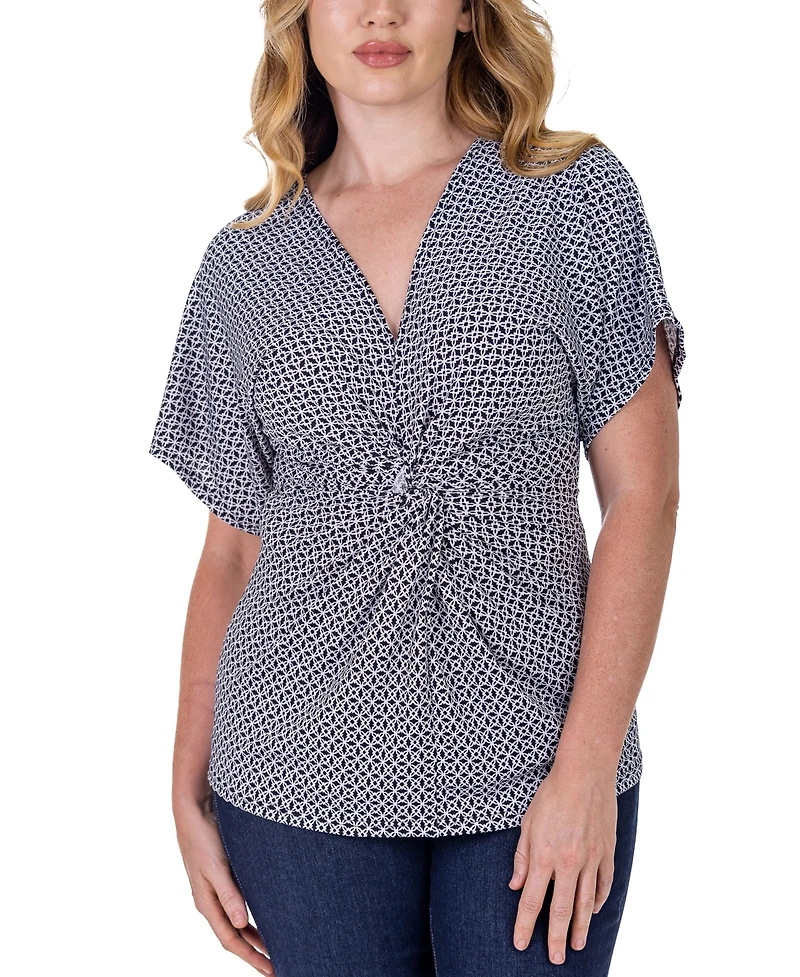 24seven Comfort Apparel V Neck Geometric Print Knot Front Kimono Sleeve Top