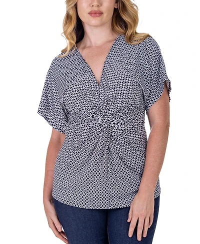 24seven Comfort Apparel V Neck Geometric Print Knot Front Kimono Sleeve Top